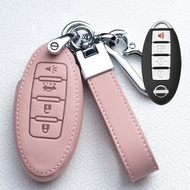 【 Xps】nissan Navara Keyless Remote Leather Car Key Cover Case With Chain Car Keyfob Holder Protection Ring For Nissan Terra Navara X-Trail Qashqai Juke
