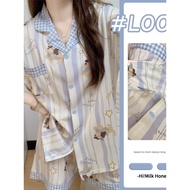 baju tidur perempuan baju tidur Musim panas baru kartun comel berjalur anak anjing piyama nipis selu