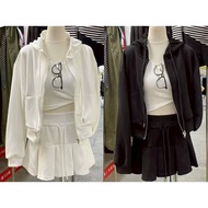 Live Style Oct25-088 Solid Color Zipper Hooded Jacket Pleated Skirt Suit