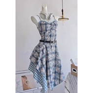 American Blue Tie-Dye Plaid Sling Dress Female Temperament Narrow Waist Slimmer Look Irregular... 2.