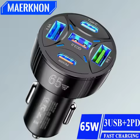 Car Charger USB C Total 65W 5 Ports Type-c PD Quick Fast Charging QC3.0 Car Power Adapter For iPhone