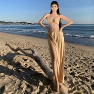 Bikini Metal Folded Strapless Beach Vacation Bikini Set A-Line Midi Skirt Long Sleeveless Summer Swi