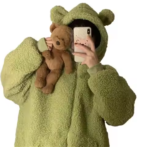 N7YD Womens Long Sleeve Zipper Up Bear Ears Fuzzy Hoodie Oversized Faux Lamb Wool Sweatshirt Coat wi