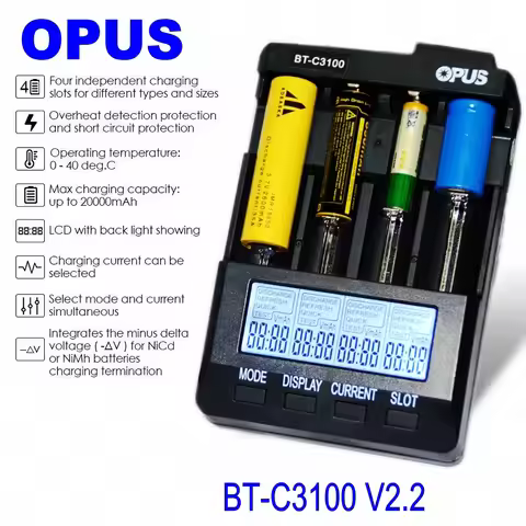 Opus BT-C3100 V2.2 Digital Intelligent 4 Slots LCD Battery Charger For Li-ion NiCd NiMH AA AAA 10440