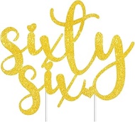 Sixty-six Cake Toppers Gold Glitter, Happy 66th Birthday Cake Decorations Cheers to 66 Years Pick Pa