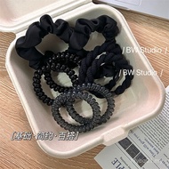 Ins Blogger Daily Same Style Basic Black Tie Headband Telephone Line Hair Ring Satin Scrunchy Ring C