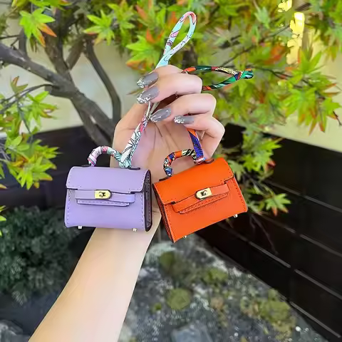 Mini long Kelly bag charm, cute earphone pouch, high-quality leather, creative car keychain ornament