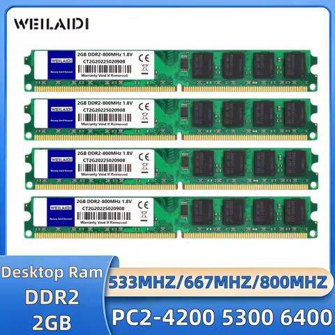 4PCS DDR2 2GB Desktop Memory Ram 533 667 800MHZ PC2-5300 6400 240PIN CL5 DIMM 1.8V NON-ECC Unbuffere