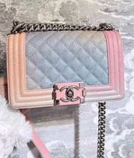 CHANEL mini Leboy  漸變彩虹菱格紋牛皮銀扣鏈條包單肩包  美人魚色