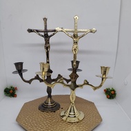 LILIN Cross with Jesus statue, Brass cross candle holder no. 2
