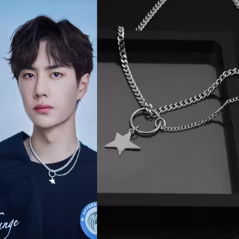 Punk Stainless Steel Wang Yibo Same Necklace Five-pointed Star Round Circle Pendant Hipster Hip Hop 