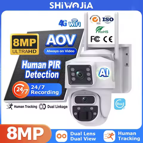SHIWOJIA 7/24 Recording Solar Battery Camera 4G 8MP WiFi AOV Dual Lens Security IP Camera 10500mAh B