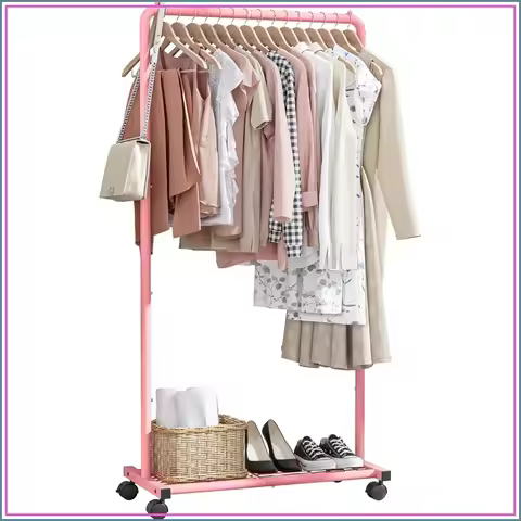 Heavy Duty Clothes Rack with Mesh Shelf and Casters for Hanging Clothes, Coats, Dresses, Easy Assemb