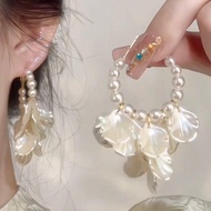 [Retro Tassel] French Earrings Pearl Petal Tassel Earrings Super Fairy Exaggerated Big Earrings Vaca