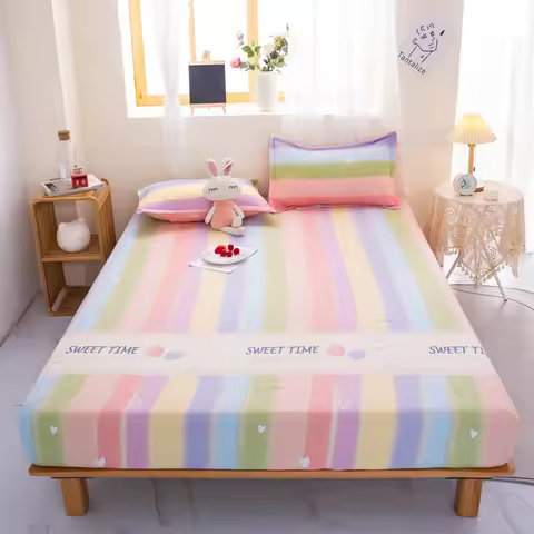 1pc Bed Sheet on Elastic Rainbow Printed Bed Fitted Sheet for Double Bed Single Bed Linen Queen Bott