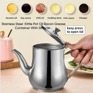 STAINLESS TEEL KITTLE POT OIL BACON GREASE , CONTAINER WITH STRAINER , 13.AZ WITH 1.3L CAPACITY.