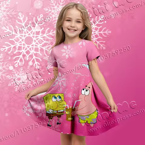 MINISO authorizes 3D printing sequins Christmas Spongebob Special Edition dresses girls clothing hol