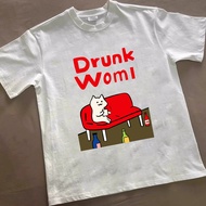 Cotton Fun Theme T-Shirt: Using Cute Cat Drunk Scene as Pattern, Matching "Drunk Womi" Eye-catching 