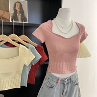 Gakki Women's Square Neck Short Sleeve Knit T-Shirt Knitted Sweater Soft And Comfortable Fabric Free