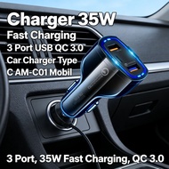 35W AM-C01 Fast Charging Car Charger QC 3.0 Type C USB 3 Port Car Charger