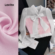 Lovito Elegant Plain Tie Neck Fabric Stitching Pink Blouse for Women LBL25073