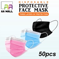 50PCS Face Mask Disposable 3ply Mask Filter/1pcs Washable (Black/White/Grey/Pink/Blue)/1pc Pita BLAC