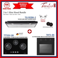 (BUNDLE) TURBO TSL902T-2BK 90CM CHIMNEY HOOD + TURBO T773GV-BK 3-BURNER GLASS GAS HOB + TURBO TM73-BK 12 FUNC OVEN