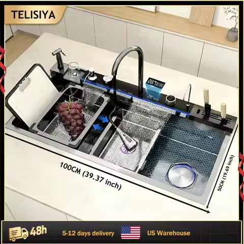 100x50cm Stainless Steel Waterfall Kitchen Sink Digital DisplayExtra Large Single Slot Multifunction