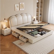 【SG⭐SALES】Solid Wood Bed Frame Modern simple cream wind leather bed home bedroom double bed multifunctional storage bed shell upholstered beds