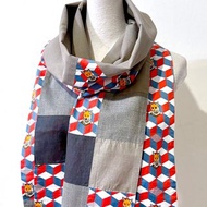 純手作/日本印花狐狸銀色橘灰方格拼接幾何純棉圍巾披肩