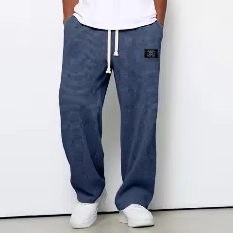 American Style Men's Waffle Textured Wide Leg Sweatpants Drawstring Elastic Waist Casual Loose Fit S