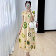 ✼♣ Aiden001 Average Size Miyake Short-Sleeved Dress Retro Print Loose Lazy Style Pleated Mid-Length