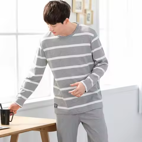 Casual O Neck Cotton Pajamas Men's Pijama Sets Autumn Breathable Long Sleeve Sleep Tops Sleepwear pi