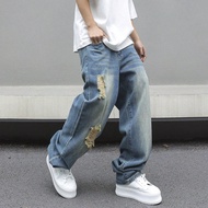 ผู้ชายขาตรง Ripped กางเกงยีนส์ลำลอง Oversize ยาว Frayed Jean Cargo Plain สีน้ำเงินเข้ม Party Street 