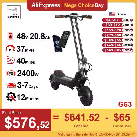 AOVOPRO G63 Electric Scooter 11 inch Off road 2400W Foldable 28mph Max Speed 60-75KM Max Range Elect