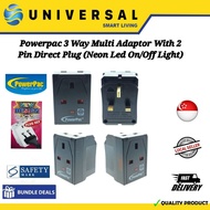 SG SHOP SELLER] Powerpac 3 Way Multi Adaptor With 2 Pin Direct Plug In Black (Neon Led On/Off Light)
