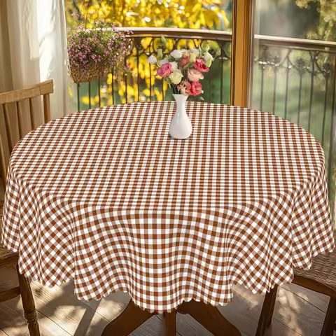 1 Piece of Vintage Brown and White Checkered Round and Rectangular Tablecloth, Available in Multiple