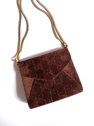 復古 GUCCI 棕色絨面 GG Logo 壓印肩背包 斜背包