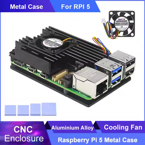 Raspberry Pi 5 Aluminum Alloy Metal Case Cooling Fan Enclosure Passive & Active Cooler Shell for Ras
