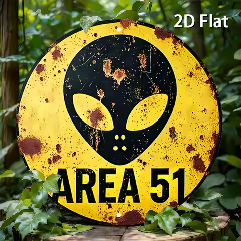 2D Flat 1pc Vintage Metal Sign, Area 51 Alien Warning Aluminium Round Poster with Iconic Alien Symbo