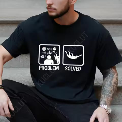 Funny Skydiving Problem Solved Tops Tees Mens T Shirt Short Sleeve Fashion Casual Tshirt Male Proble