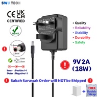 9V DC Power Supply Adapter 9V2A (DC Jack 5.5mm x 2.5mm / 2.1mm) UKCA CE Certified UK Plug 9V Power A