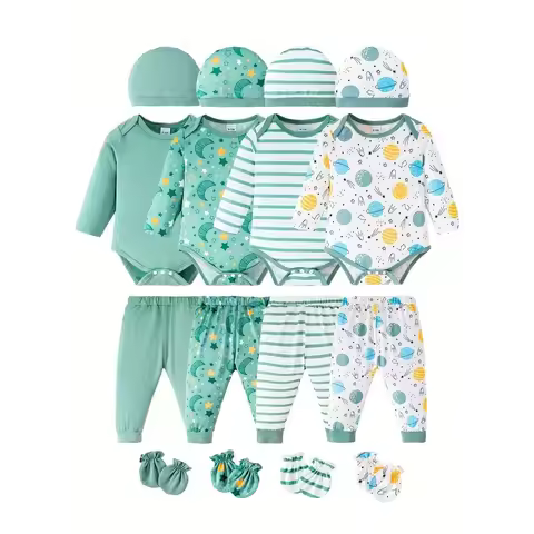 4PCS Newborn Baby Boy Bodysuit Outfits Long Sleeved Romper+Pants+Hat+Glove Cartoon 4 Set Soft Pajama