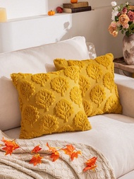2pcs Oak Tree 3D Embroidery Mustard Yellow Throw Pillow Covers, Farmhouse Square Soft Fluffy Sofa Cu