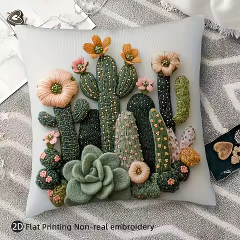 3D Embroidery Style Cactus Llama Zebra Dino Book Pillow Cover Short Plush Polyester Cushion Case Dec