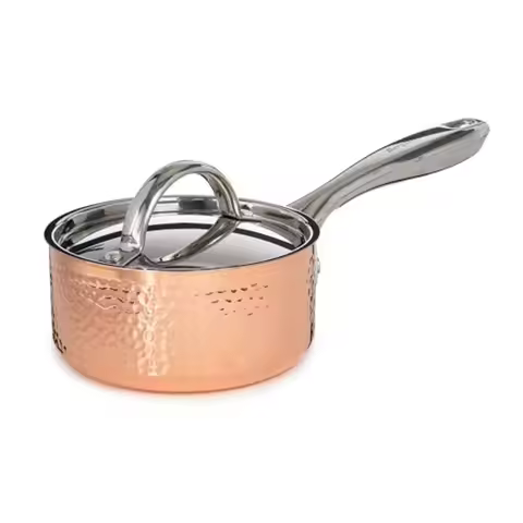 Vintage TriPly Copper 5.5in Saucepan 1qt. With Matching Lid Hammered Long Ergonomic Shaped Handle 3l