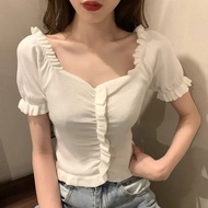 French Style Ruffle Blouse Vintage Square Neck Shirts And Blouses Ladies Fashion Short Tops Women Sl