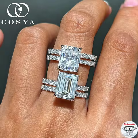COSYA 4CT 8*10MM Emerald/Radiant Cut Moissanite Ring Set for Women S925 Silver Lab Diamond Hidden Ha
