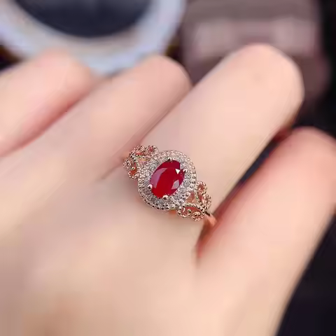 S925 Sterling Silver Ring Light Luxury Plated 18k Rose Gold Garnet Ring Live Ring