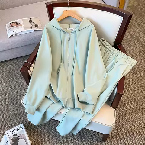 155Kg Plus Size Women's Bust 170 Spring Autumn Loose Hoodie Pants Fashion Casual Suit Green Gray 4XL